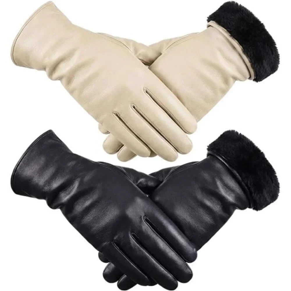 2 Pairs Women's Lambskin Leather Gloves Touch Screen Warm Fleece Lining
